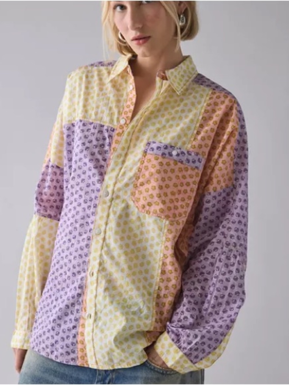 BDG Pastel Patchwork Button-Down Shirt in Yellow, Purple & Peach